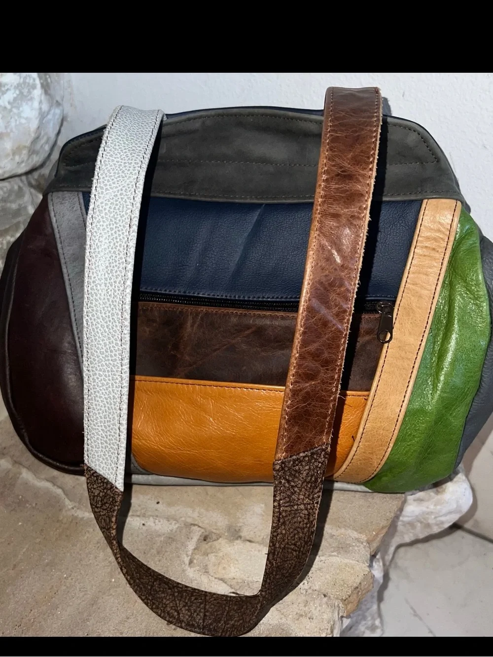 Vintage Leather Patchwork Shoulder Bag colorful Multi-Pocket Purse Mexico